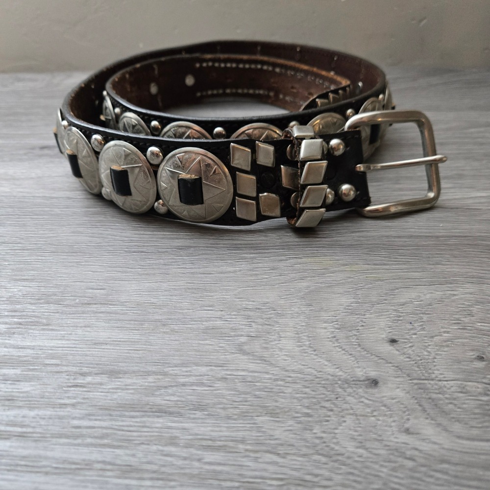 Vintage Black Grain Leather Belt 44 Western Concho Studded Square Pyramid Studs